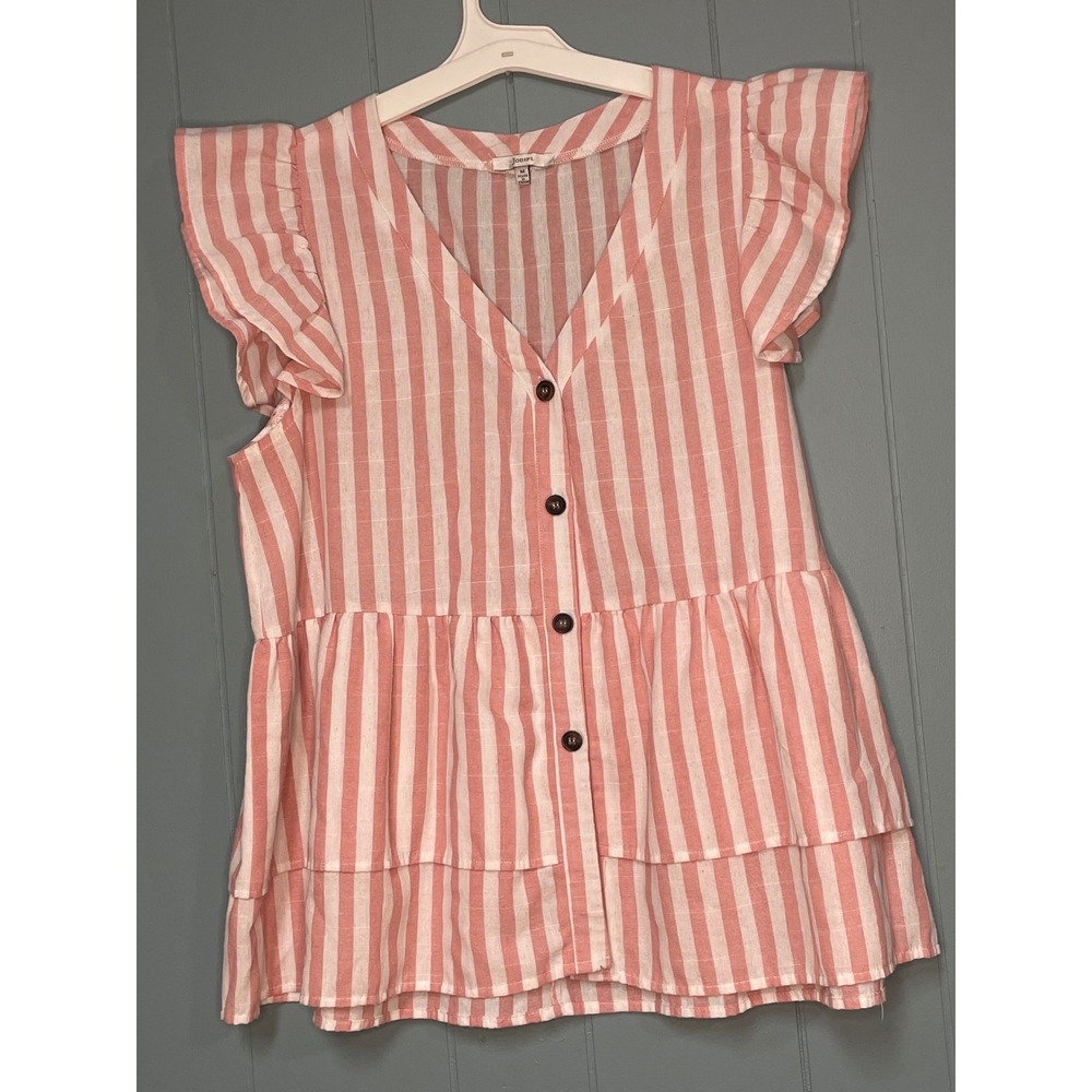 Jodifl Peplum Top Womens‎ Medium Pink Excellent Striped Ruffle Sleeve G7040